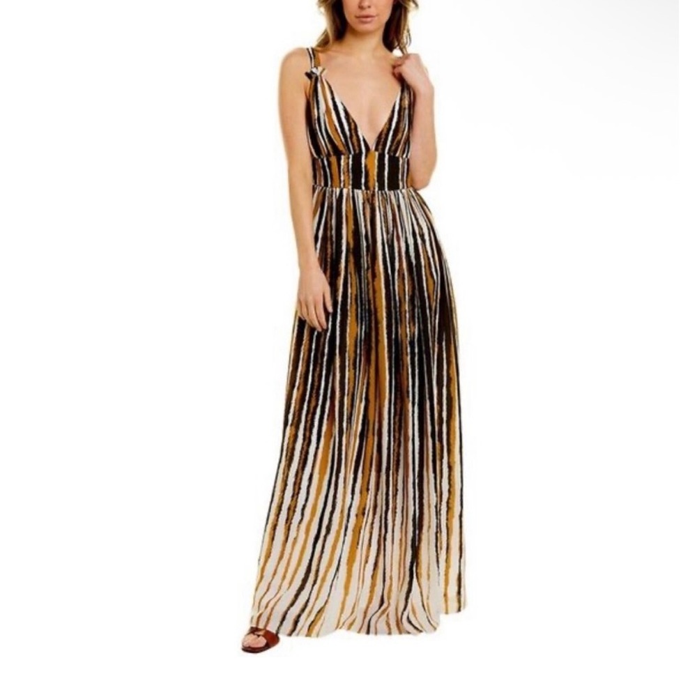 Ronny Kobo Sallee Pleated Maxi Dress Plunge Neck Striped‎ XS